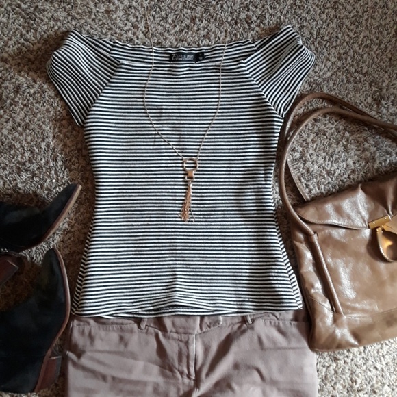 New York & Company Tops - B&W striped off-shoulder top